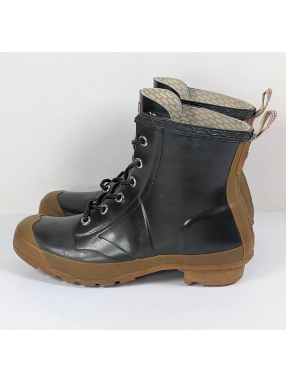 Hunter Brixen Thurloe Combat Rubber Lace Up Short Rain Boots Green Tan Women's 8